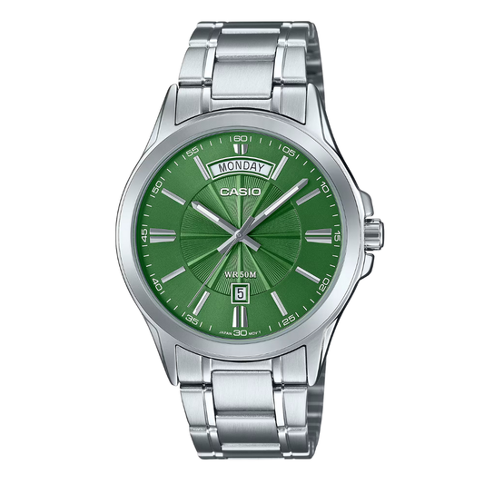 ساعة كاسيو رجالية كوارتز فضية اللون من الفولاذ المقاوم للصدأ، مينا أخضر - CASIO MTP-1381D-2AVDF