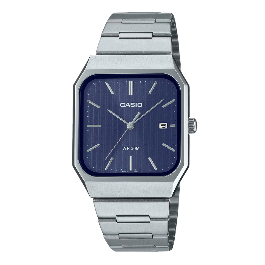 ساعة كاسيو رجالية كوارتز فضية اللون من الفولاذ المقاوم للصدأ، مينا أزرق - CASIO MTP-B145SG-7AVDF