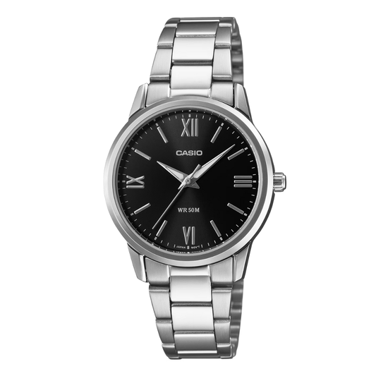 ساعة كاسيو فضية اللون من الفولاذ المقاوم للصدأ، مينا أسود، كوارتز، للنساء - CASIO LTP-1215A-7ADF