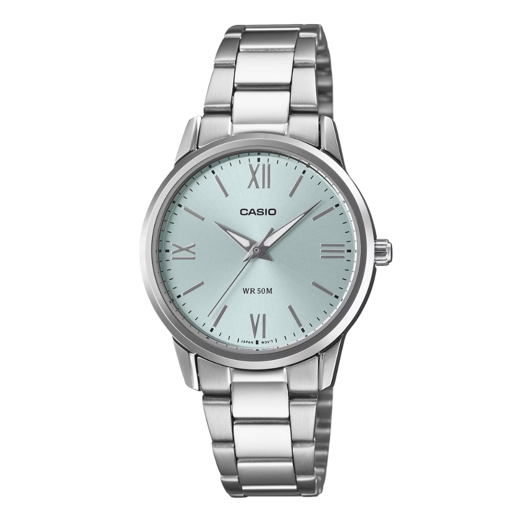 ساعة كاسيو فضية اللون من الفولاذ المقاوم للصدأ، مينا أزرق، كوارتز، للنساء - CASIO LTP-1303DD-1AVDF