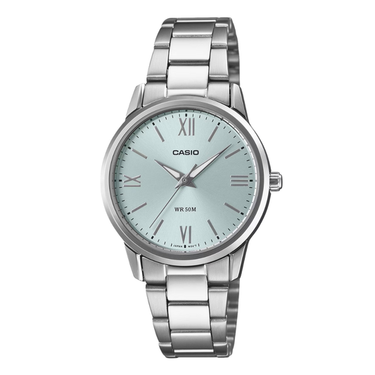 ساعة كاسيو فضية اللون من الفولاذ المقاوم للصدأ، مينا أزرق، كوارتز، للنساء - CASIO LTP-1303DD-1AVDF