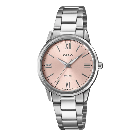 ساعة كاسيو النسائية ذات المينا الوردية المصنوعة من الفولاذ المقاوم للصدأ باللون الفضي - CASIO LTP-1303DD-2AVDF