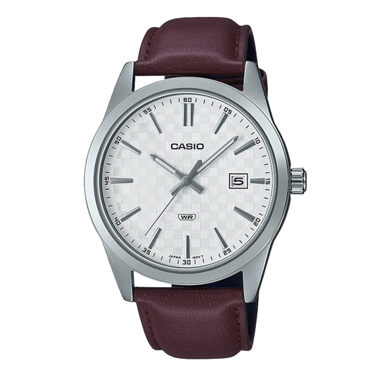 ساعة كاسيو رجالية كوارتز بسوار جلدي بني ومينا أبيض - CASIO MTP-VD03L-1AUDF