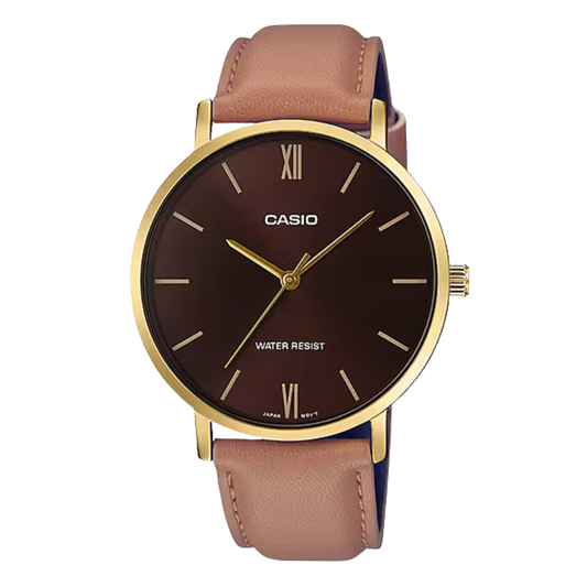 ساعة كاسيو رجالية كوارتز بسوار جلدي بني ومينا بني - CASIO MTP-VD03L-5AUDF