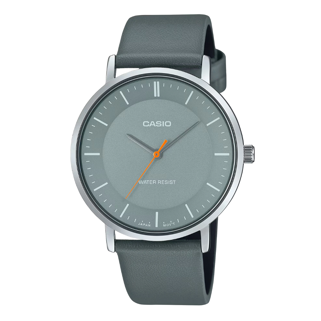 ساعة كاسيو رجالية كوارتز بسوار جلدي رمادي ومينا رمادي - CASIO MTP-VT01GL-5BUDF