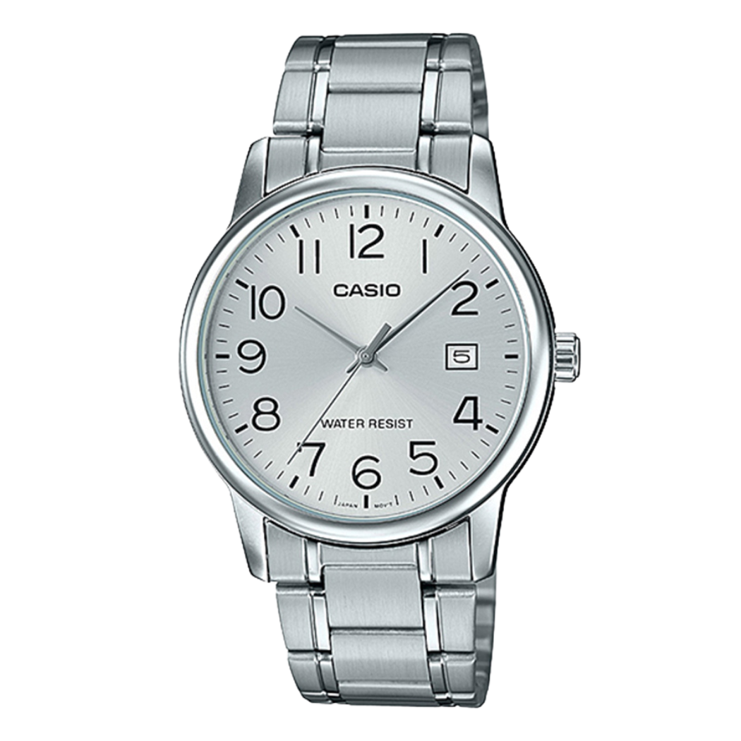 ساعة كاسيو فضية اللون من الفولاذ المقاوم للصدأ، مينا فضي، كوارتز للرجال - CASIO MTP-VT04L-8EDF (AG)