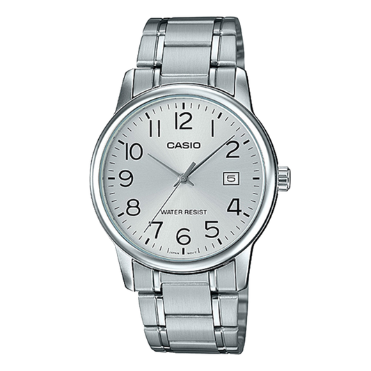 ساعة كاسيو فضية اللون من الفولاذ المقاوم للصدأ، مينا فضي، كوارتز للرجال - CASIO MTP-VT04L-8EDF (AG)