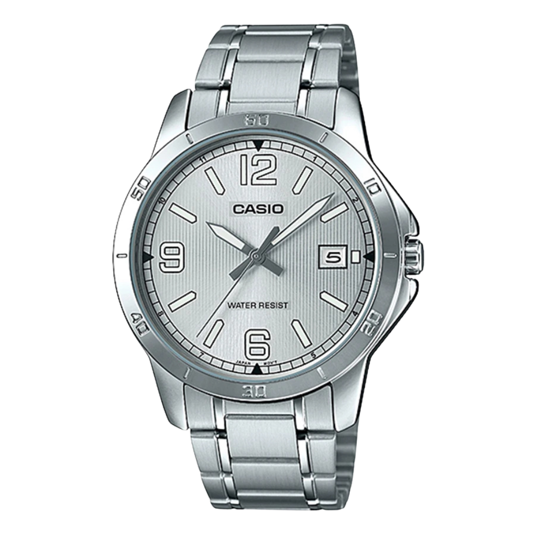 ساعة كاسيو فضية اللون من الفولاذ المقاوم للصدأ، مينا فضي، كوارتز، للرجال - CASIO MTP-V002D-7BUDF