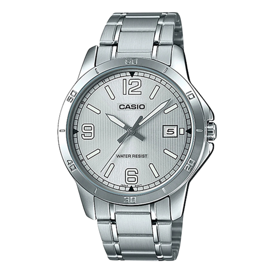 ساعة كاسيو فضية اللون من الفولاذ المقاوم للصدأ، مينا فضي، كوارتز، للرجال - CASIO MTP-V002D-7BUDF