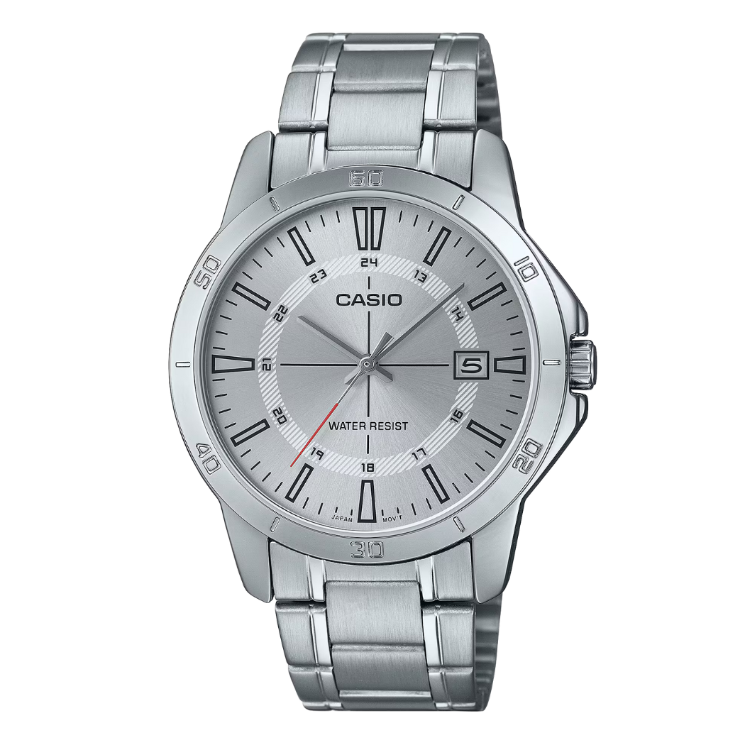 ساعة كاسيو فضية اللون من الفولاذ المقاوم للصدأ، مينا فضي، كوارتز، للرجال - CASIO MTP-V004D-7B2UDF
