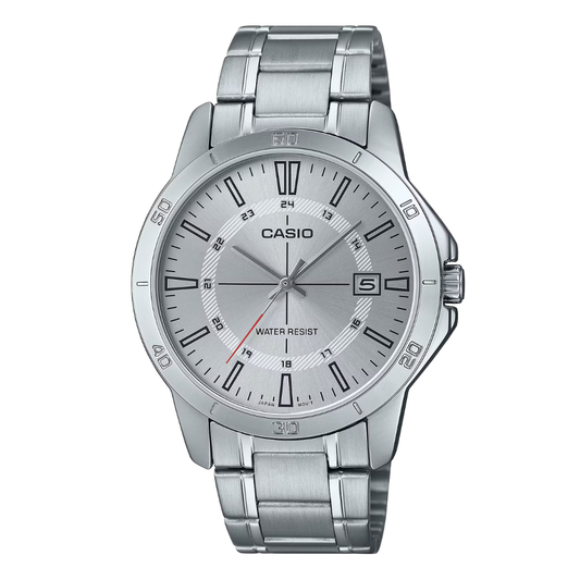 ساعة كاسيو فضية اللون من الفولاذ المقاوم للصدأ، مينا فضي، كوارتز، للرجال - CASIO MTP-V004D-7B2UDF