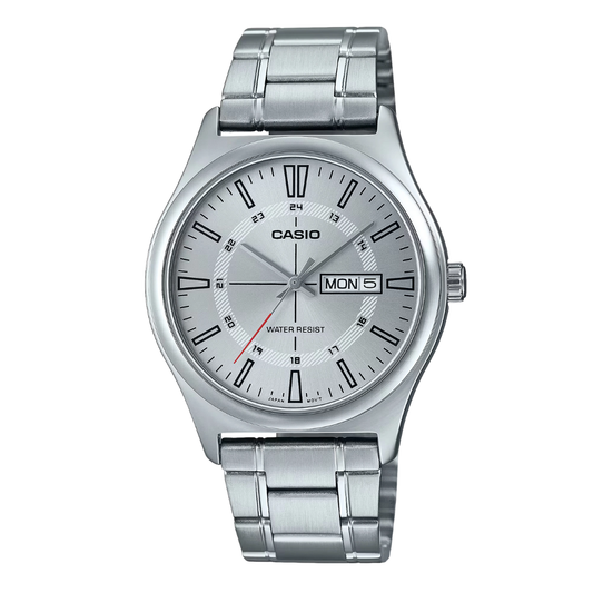 ساعة كاسيو فضية اللون من الفولاذ المقاوم للصدأ، مينا فضي، كوارتز، للرجال - CASIO MTP-V004D-7CUDF