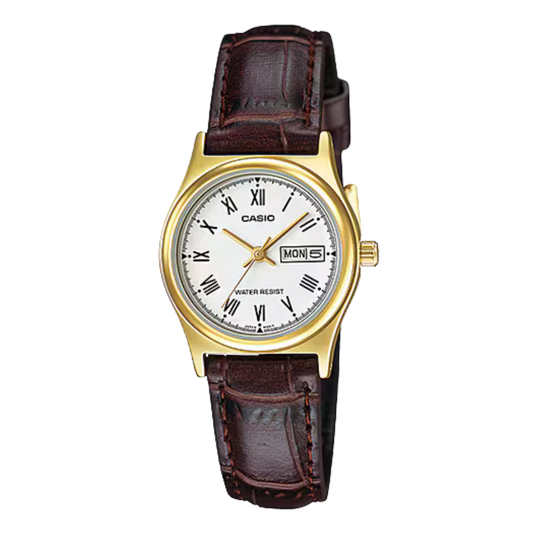 ساعة كاسيو النسائية ذات سوار جلدي بني ومينا أبيض وحركة كوارتز - CASIO MTP-V006D-7CUDF