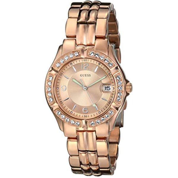 ساعة Guess Stoned Bubble Rose Gold المصنوعة من الفولاذ المقاوم للصدأ، بمينا ذهبي وردي، تعمل بحركة كوارتز، للنساء - U11069L1