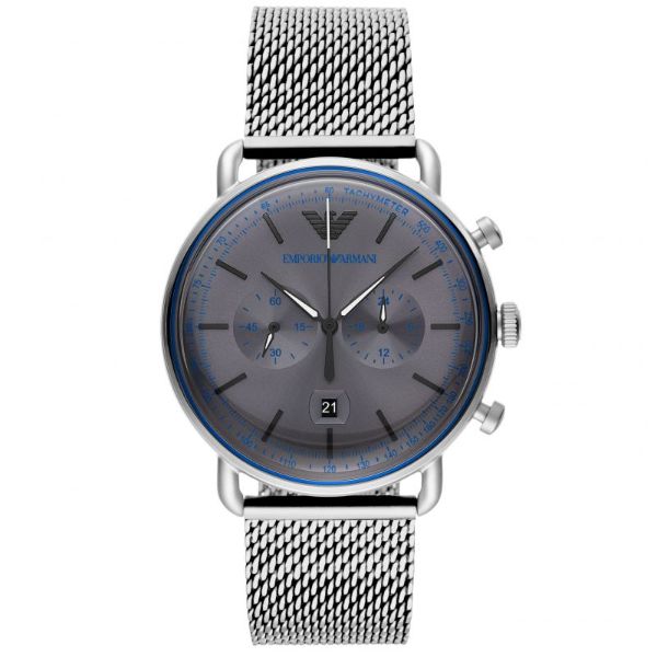 EMPORIO ARMANI Aviator Silver Mesh Bracelet Grey Dial Chronograph Quartz Watch for Gents - AR11383