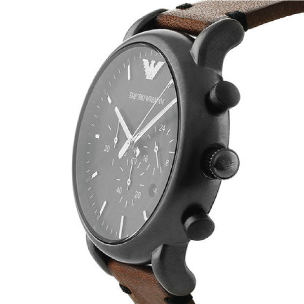 EMPORIO ARMANI Black Dial Brown Leather Strap Chronograph Watch For Gents - AR1919