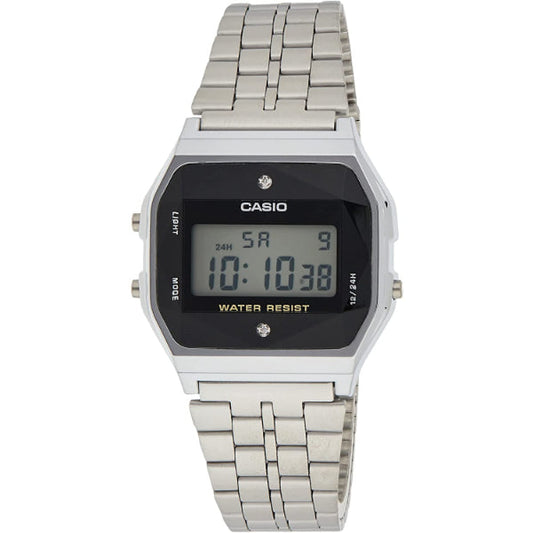 ساعة كاسيو دايموند سيريز فضية من الفولاذ المقاوم للصدأ، مينا أسود، كوارتز للرجال - CASIO A-159WAD-1DF