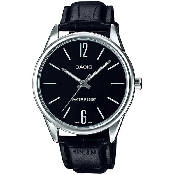 ساعة كاسيو ستاندرد للرجال، سوار جلدي أسود، مينا فضي، كوارتز - CASIO MTP-V005L-1BUDF