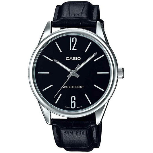 ساعة كاسيو ستاندرد للرجال، سوار جلدي أسود، مينا فضي، كوارتز - CASIO MTP-V005L-1BUDF