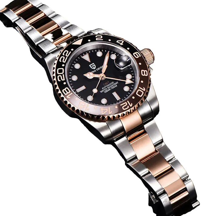 Pagani Design Rose Gold Stainless Steel Black Dial Automatic GMT Watch for Gents - PD-1662TT