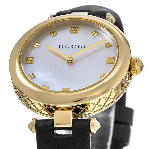 Gucci Diamantissima Black Leather Mother of Pearl Dial Quartz Watch for Ladies- GUCCI YA141404