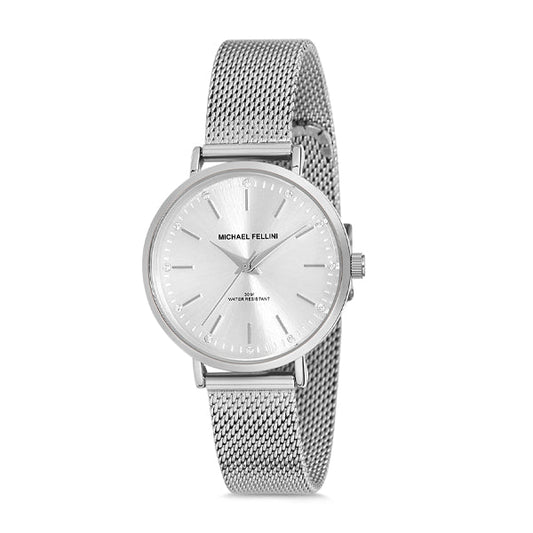 ساعة مايكل فيليني النسائية ذات سوار شبكي فضي ومينا فضي، تعمل بنظام الكوارتز - MF2198-1