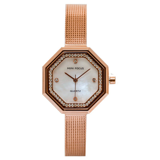 ساعة ميني فوكس النسائية، سوار شبكي من الذهب الوردي، مينا من عرق اللؤلؤ، كوارتز - MF0304L-03