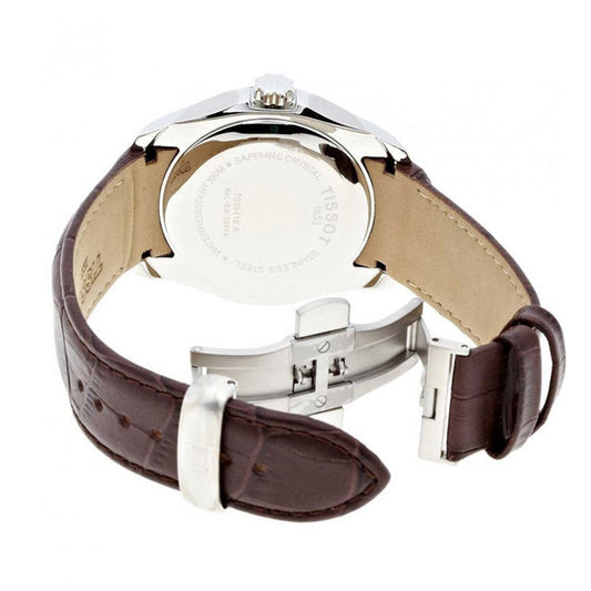 ساعة تيسو كوتورييه للرجال، سوار جلدي بني، مينا فضي، كوارتز - T-0354101603100
