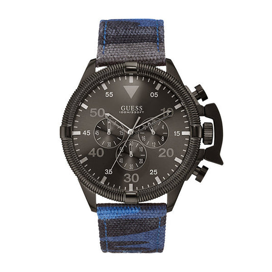 ساعة Guess Rover متعددة الألوان بحزام من قماش الدنيم ومينا أسود، كرونوغراف كوارتز للرجال - W0480G3