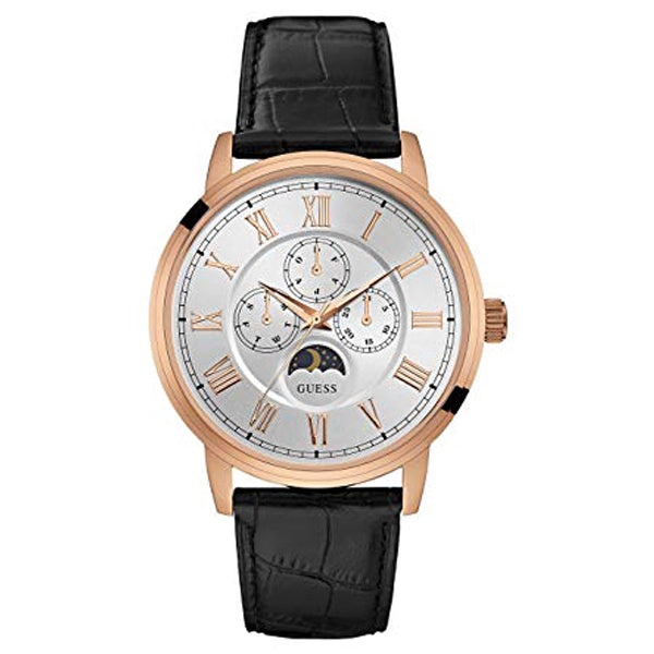 ساعة Guess Delancy للرجال، سوار جلدي أسود، مينا فضي، كوارتز - W0870G2