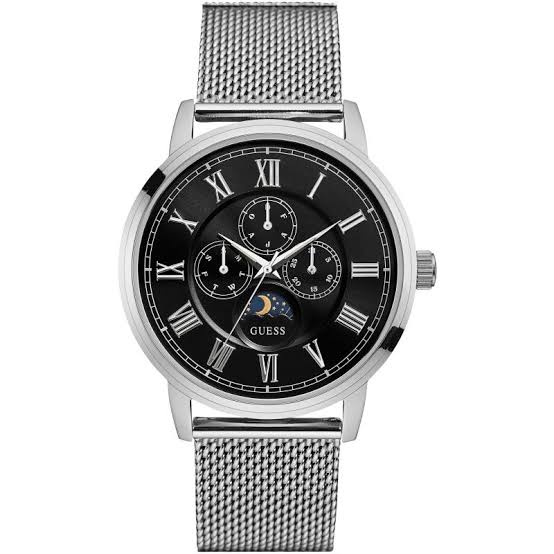ساعة Guess Delancy فضية اللون بسوار شبكي ومينا أسود، تعمل بنظام كوارتز، للرجال - W0871G1