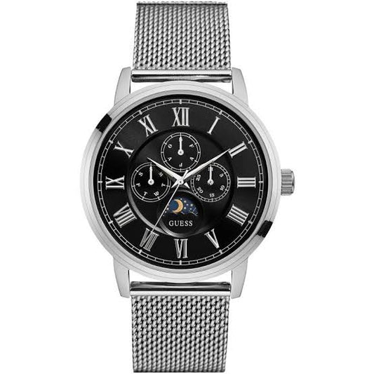 ساعة Guess Delancy فضية اللون بسوار شبكي ومينا أسود، تعمل بنظام كوارتز، للرجال - W0871G1