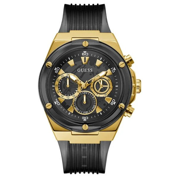 ساعة Guess Poseidon الرجالية، بسوار سيليكون رمادي شفاف ومينا أسود، كرونوغراف كوارتز - GW0425G1