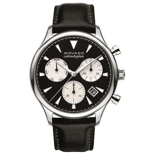 Movado Men’s Swiss Made Quartz Leather Strap Black Dial 43mm Watch 3650005