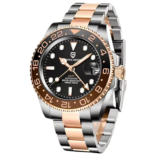 Pagani Design Rose Gold Stainless Steel Black Dial Automatic GMT Watch for Gents - PD-1662TT
