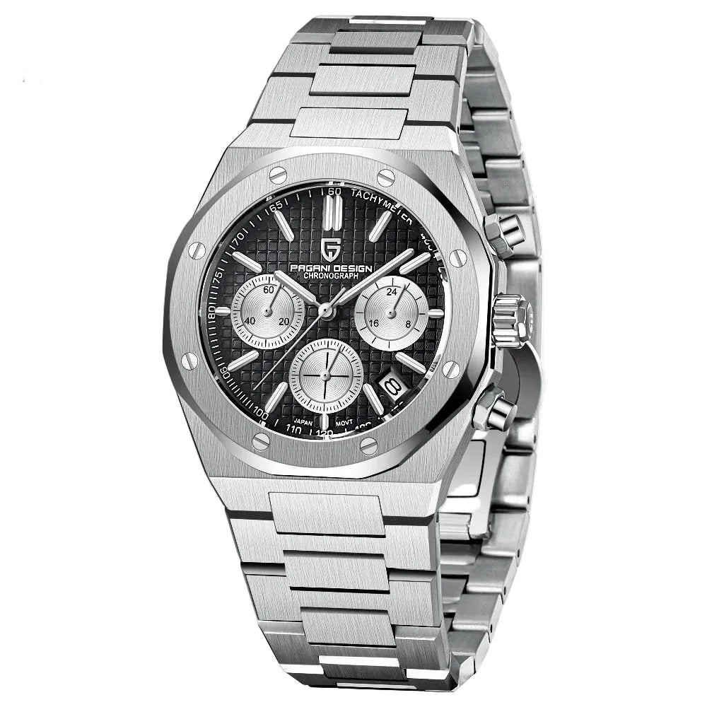 Pagani Design Stainless Steel Black Dial Quartz Chronograph Watch for Gents - PD-1707